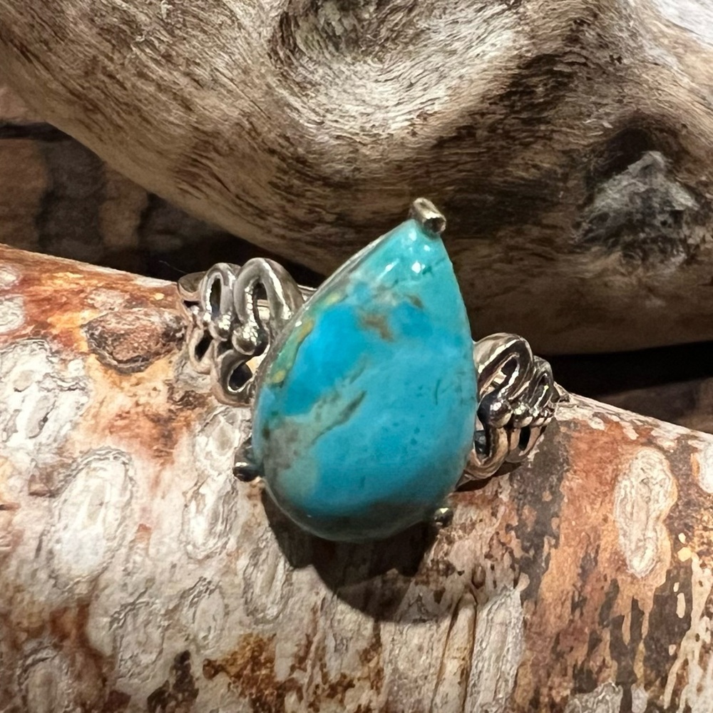 India Turquoise Ring Sterling Silver Green Blue Copper Yellow Pear-Shape Size 8